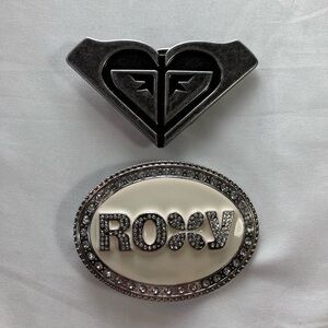 VINTAGE Roxy Y2K Belt Buckle Bundle – Rhinestone Oval + Black Heart Surf Logo